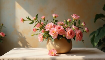 Elegant Pink Roses In A Tan Vase On Table With Beautiful Light And Shadow Effects