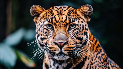 Obraz premium Jaguar stares intently, striking patterned fur and sharp blue eyes stand out
