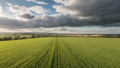 Aerial view of vibrant green crop field under dynamic sky with dramatic clouds