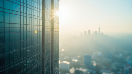 Sunlight Reflecting on Modern Skyscraper Glass with City Skyline in Soft Focus During Sunrise