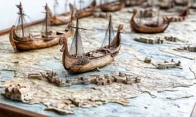 Wooden ship models on ancient map, historical display or educational use