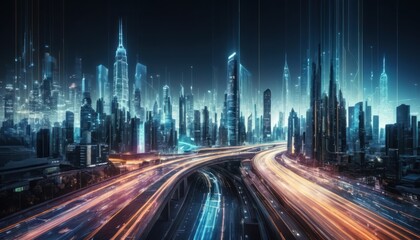Futuristic city skyline with glowing streams of light and complex highways