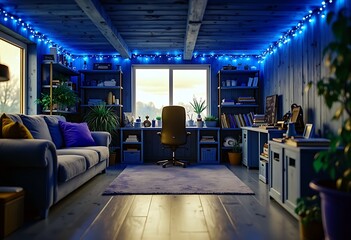 Spacious Man cave with cleaning supplies during fairy lights
