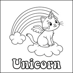 Cute Coloring Page of a Unicorn Cat on a Cloud with Rainbow