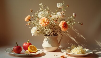 Elegant Floral Arrangement With Apples And Lemon Still Life