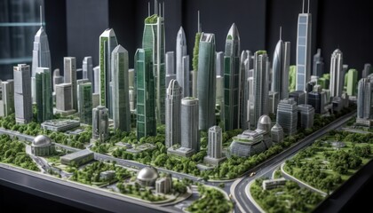 Futuristic cityscape model featuring sustainable skyscrapers and green spaces