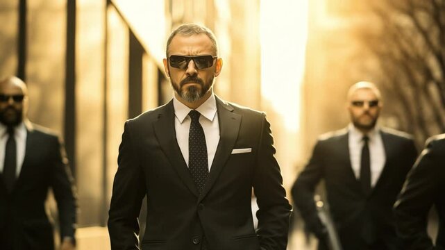 Suave Protector: A stoic figure, clad in a sleek black suit and dark sunglasses, exudes authority. A phalanx of security, his team, provides unwavering support.