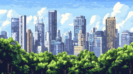 Fototapeta premium Pixel art city skyline with skyscrapers illustration background