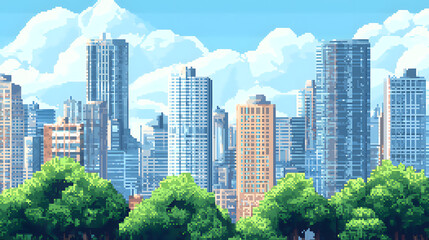 Fototapeta premium Pixel art city skyline with skyscrapers illustration background