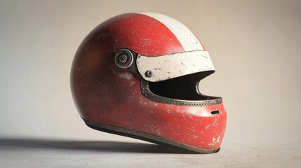 Vintage red racing helmet with a weathered finish and unique design.