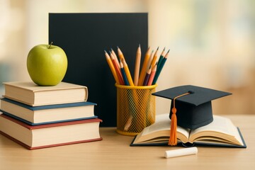 School Supplies With Graduation Cap and Green Apple on Wooden Desk in Bright Classroom Setting