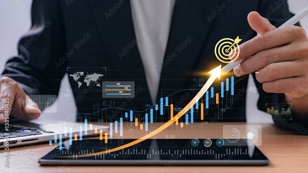 Poster Businessman tracking investment growth with digital chart and data dashboard on tablet, representing financial success, goal achievement, and modern fintech integration in economic planning.