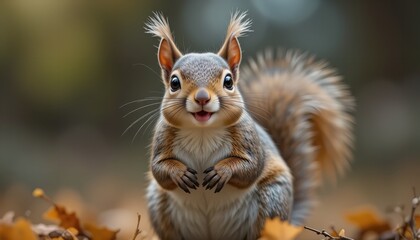 Obraz premium A cheerful cute squirrel is looking in the camera funny animals.