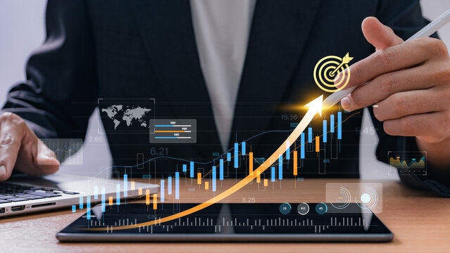 Businessman tracking investment growth with digital chart and data dashboard on tablet, representing financial success, goal achievement, and modern fintech integration in economic planning.