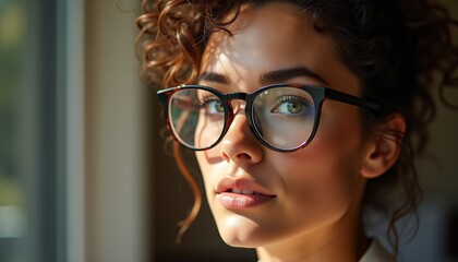 Fototapeta premium Portrait Of A Beautiful Young Woman With Curly Hair Wearing Stylish Eyeglasses Looking Away From The Camera