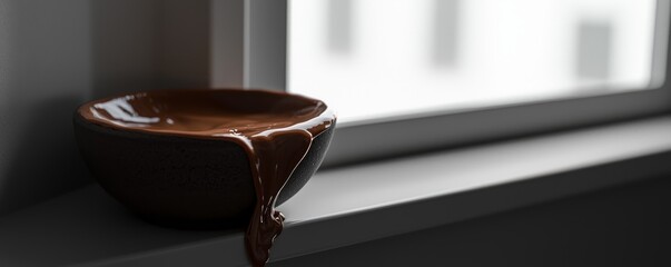 A bowl of melted chocolate spilling over a windowsill.