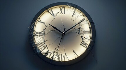 A broken clock with a shattered face, symbolizing lost time.