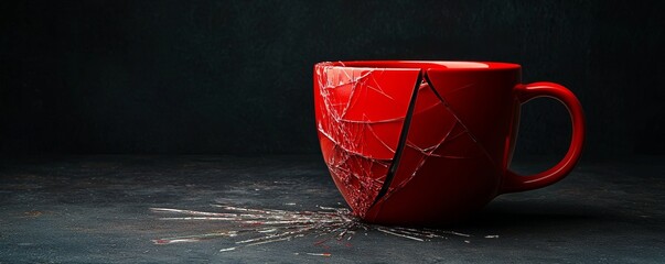 A broken red mug on a dark surface, symbolizing fragility.
