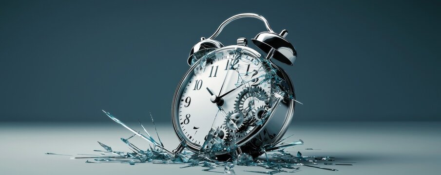 A broken alarm clock surrounded by shattered glass fragments.