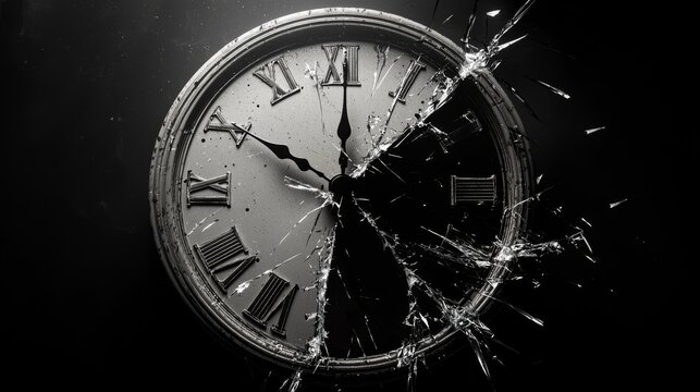 A broken clock symbolizes the distortion of time and reality.
