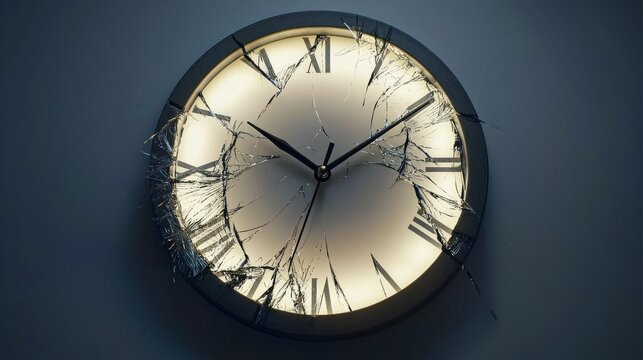 A broken clock with a shattered face, symbolizing lost time.