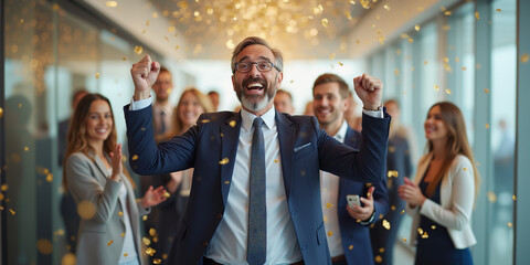 Office upbeat people Mature leader driven goal effort. Bright man suit Proud winner, co worker prize. Expert career end reward, happy boss victory. Team award triumph Joy fun party. Smiling joyful ceo