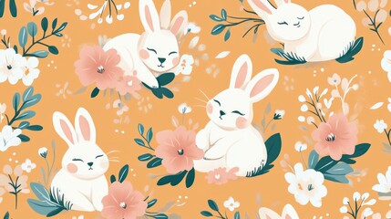 Cute rabbits in floral garden pattern