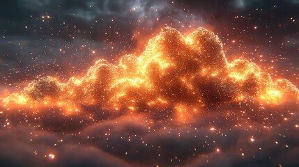 Fototapeta premium Luminous clouds. Glowing orange in a dark sky. Starry, dreamy, and ethereal