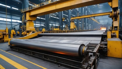 Automated steel rolling mill with glowing metal, a testament to industry