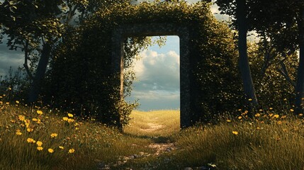Obraz premium Enchanted Portal to Another Realm Amidst a Meadow of Magic