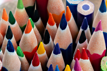 Close-Up of Sharpened Colored Pencils.Creative Vibrant Color Pencils in Macro. Sharpened Rainbow-Colored Pencils Arranged Vertically