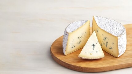 Artisanal Cheese on Wooden Board: A close-up shot reveals the alluring texture and vibrant colors of a creamy artisanal cheese on a natural wooden board.