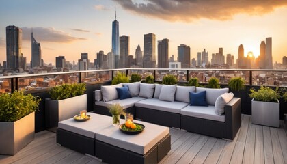 Rooftop serenity urban oasis with modern outdoor furniture and city views
