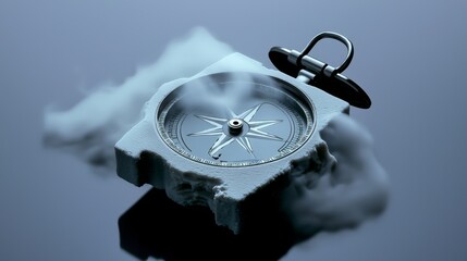 A close-up shot of a compass on a textured surface with reflections.