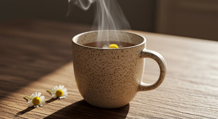 Coffee cup with hot drink and chamomile flower on wooden table in sunlight. Steaming coffee cup with chamomile flower and two chamomile flowers on wooden table