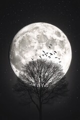 Full Moon, Birds, Tree, Night Sky
