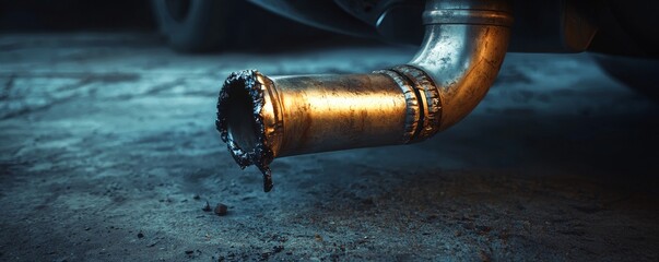 A close-up view of a dripping car exhaust pipe in a garage.