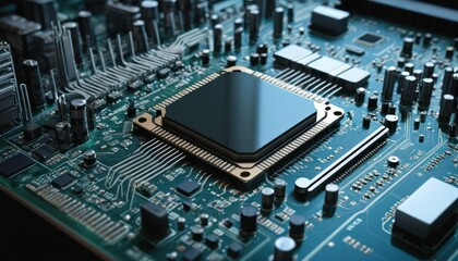 Intricate circuit board with a prominent central processor unit close up