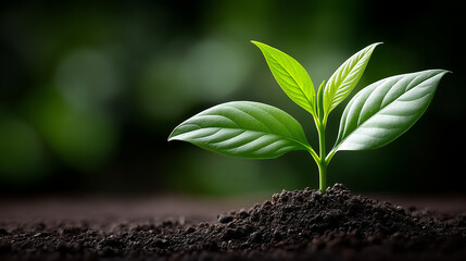 Naklejka premium A young plant sprout growing from dark, rich soil, symbolizing new life and environmental care. Powerful Earth Day image for sustainability and growth themes.