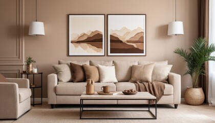 Elegant interior design showcasing earth-tone furniture and landscape paintings