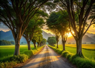 Fototapeta premium Golden Rice Field, Country Road, Tree Tunnel, Mountain Landscape - 8K Night Photography