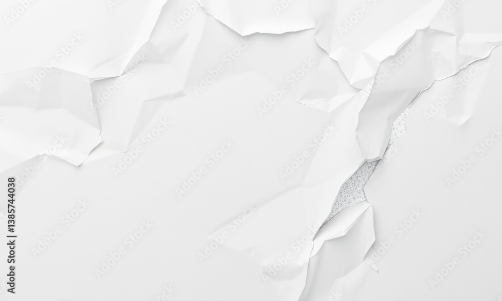 Poster crumpled white paper background with torn edges creates textured and dynamic visual effect, perfect 