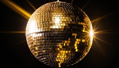 Golden disco ball with light reflections and a dark background atmosphere