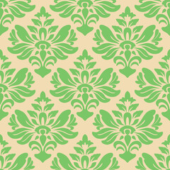 Damask seamless pattern, green abstract floral and pink background, vector illustration elegant for textile design, wall paper, bedding, curtain, cushion, rug, scarf, upholstery fabric, vintage design