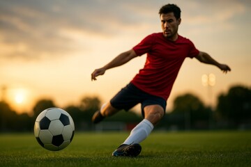 Obraz premium Soccer Player Strikes the Ball During Sunset at a Sports Field