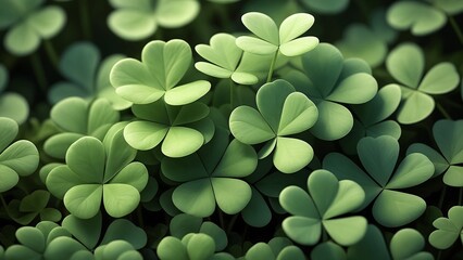 A large group of green clover leaves in a field.