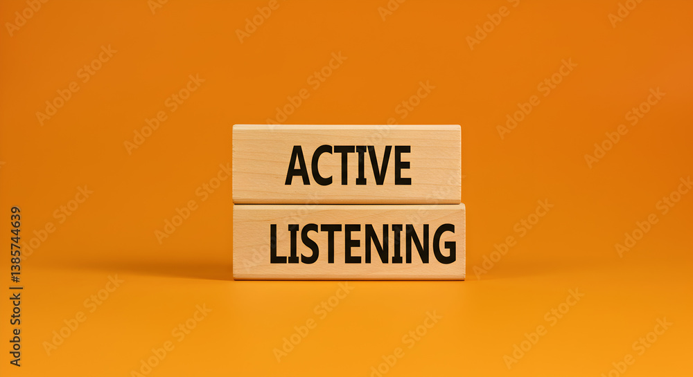 Poster active listening message on wooden blocks over vibrant orange background demonstrating communication