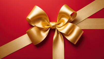 Elegant golden ribbon and bow against a rich crimson background, gift concept