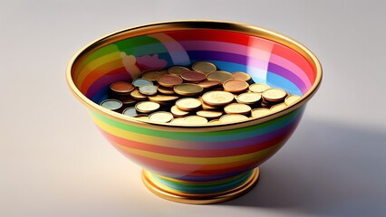 A colorful bowl filled with coins sitting on top of a table.