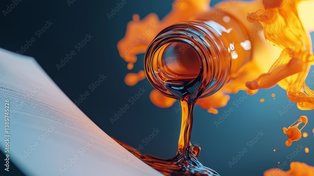 Poster a dynamic splash of vibrant liquid from an open bottle.